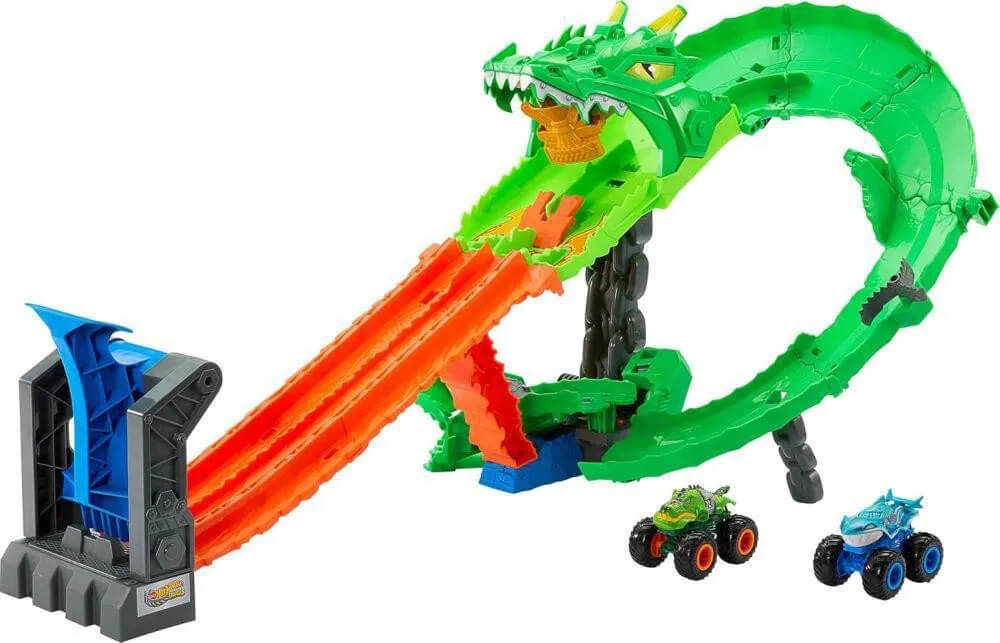 Monster trucky Hot Wheels v akční dráze Dračí zkáza
